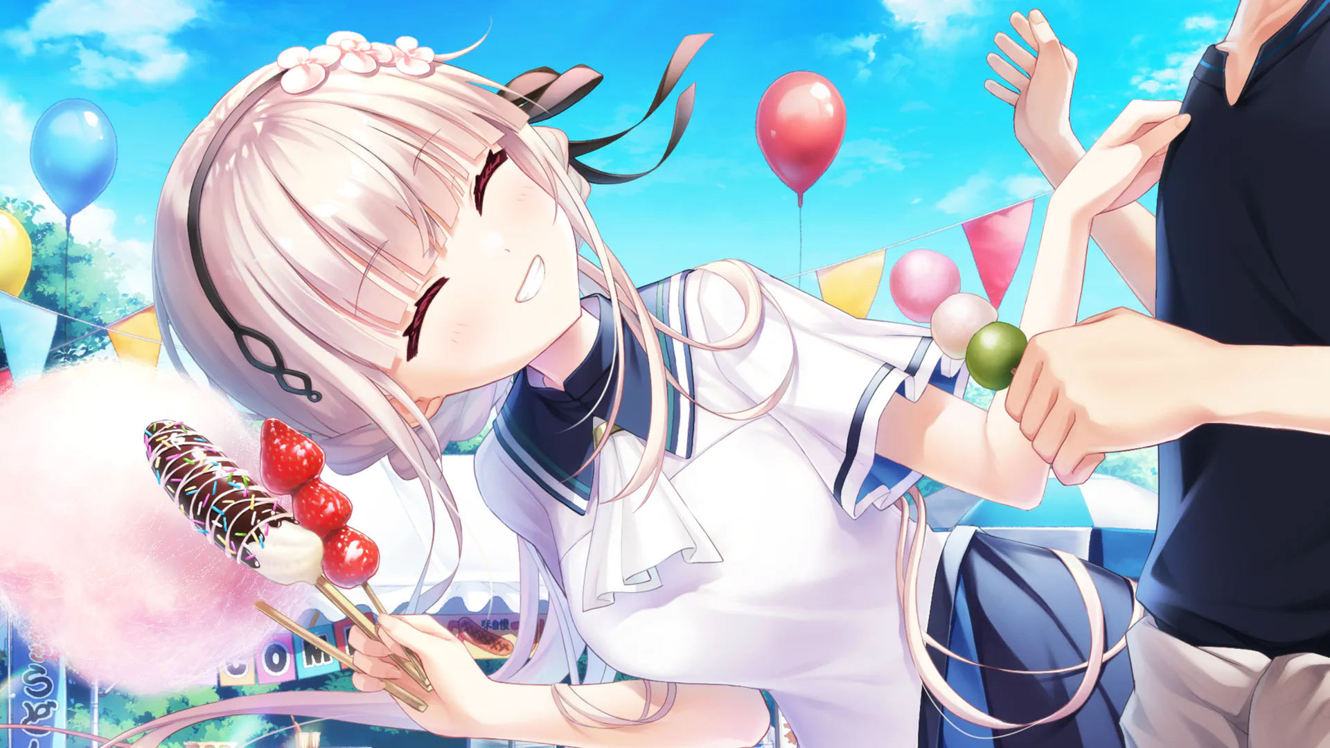 催し物で、いろんなお菓子を持ちながら麦のほうを向き笑っている淡雪のCG
